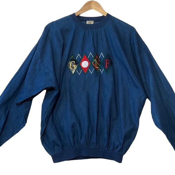 VINTAGE sz X Large Pullover Top Golf Theme Argyle Embroidery Denim Blue - Picture 1 of 8